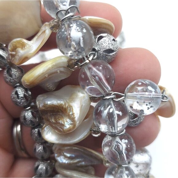 Structured Mother Of Pearl Shell Beaded Silvertone Adjustable Statement Necklace - Picture 6 of 6